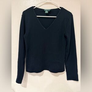 Lauren Ralph Lauren Black 100% Cotton V-Neck Long Sleeve Top size Large